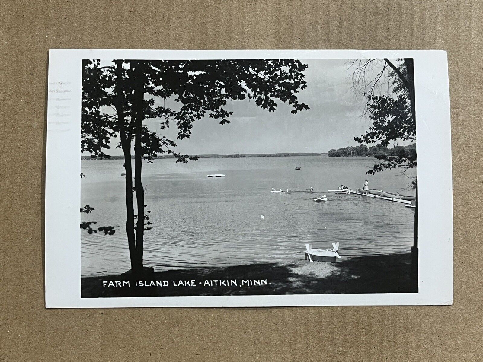 Postcard RPPC Aitkin MN Minnesota Farm Island Lake Beach Boats Swimming