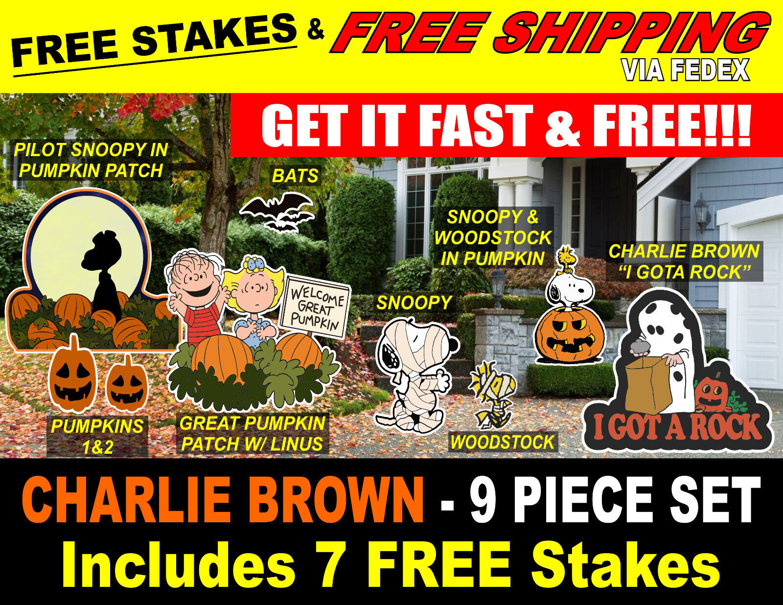 Big yard signs - Peanuts - Charlie Brown - Halloween lawn décor Set 9pcs