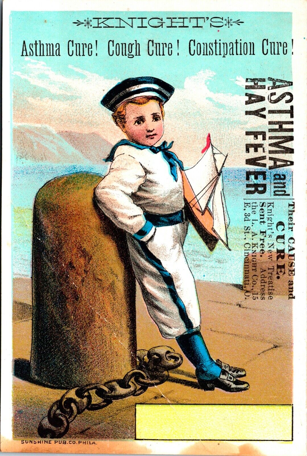 1880\'s Vintage Knight\'s Asthma Quack Remedy Trade Card Sailor Boy & Sailboat