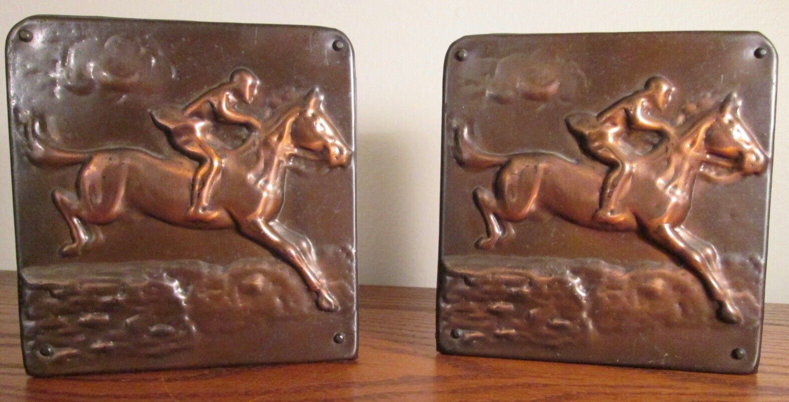 Vintage HORSE & RIDER STEEPLECHASE BOOKENDS Copper Overlay / Arts & Crafts