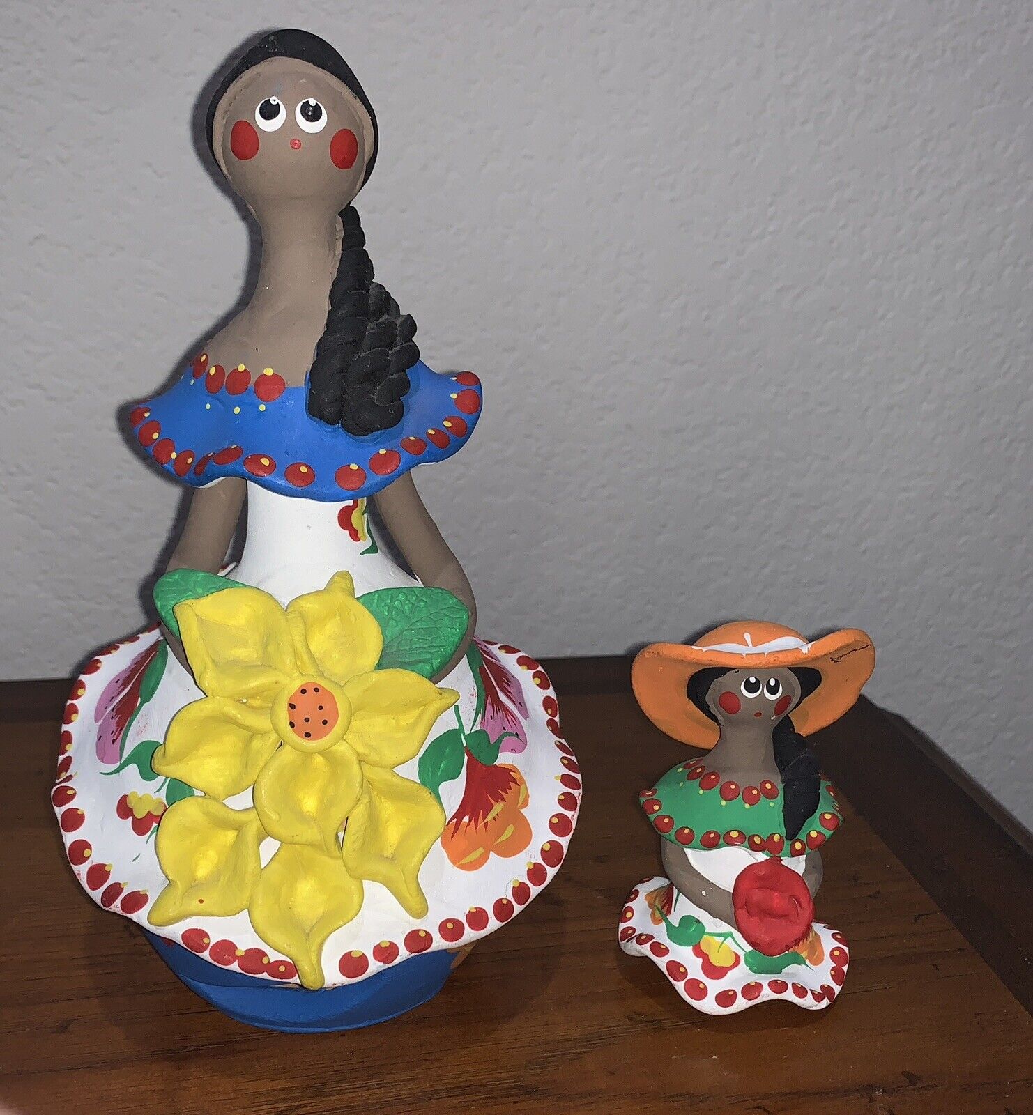 Vintage 80’s Dominican Woman And Child Hand Made Pottery Traditional Figurines
