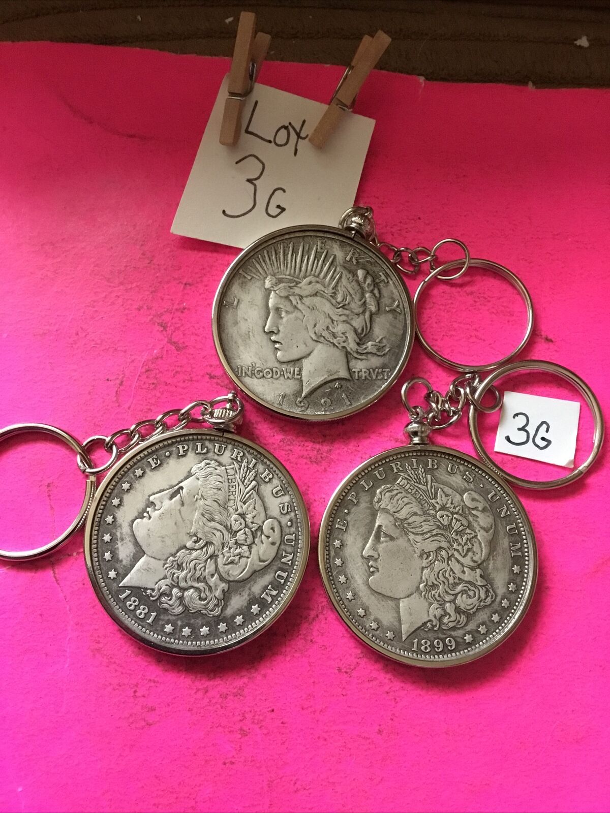 Set 3 Lot Coin Keychains 1921-1881-1899 Copies Junk Drawer Estate Find Read Look