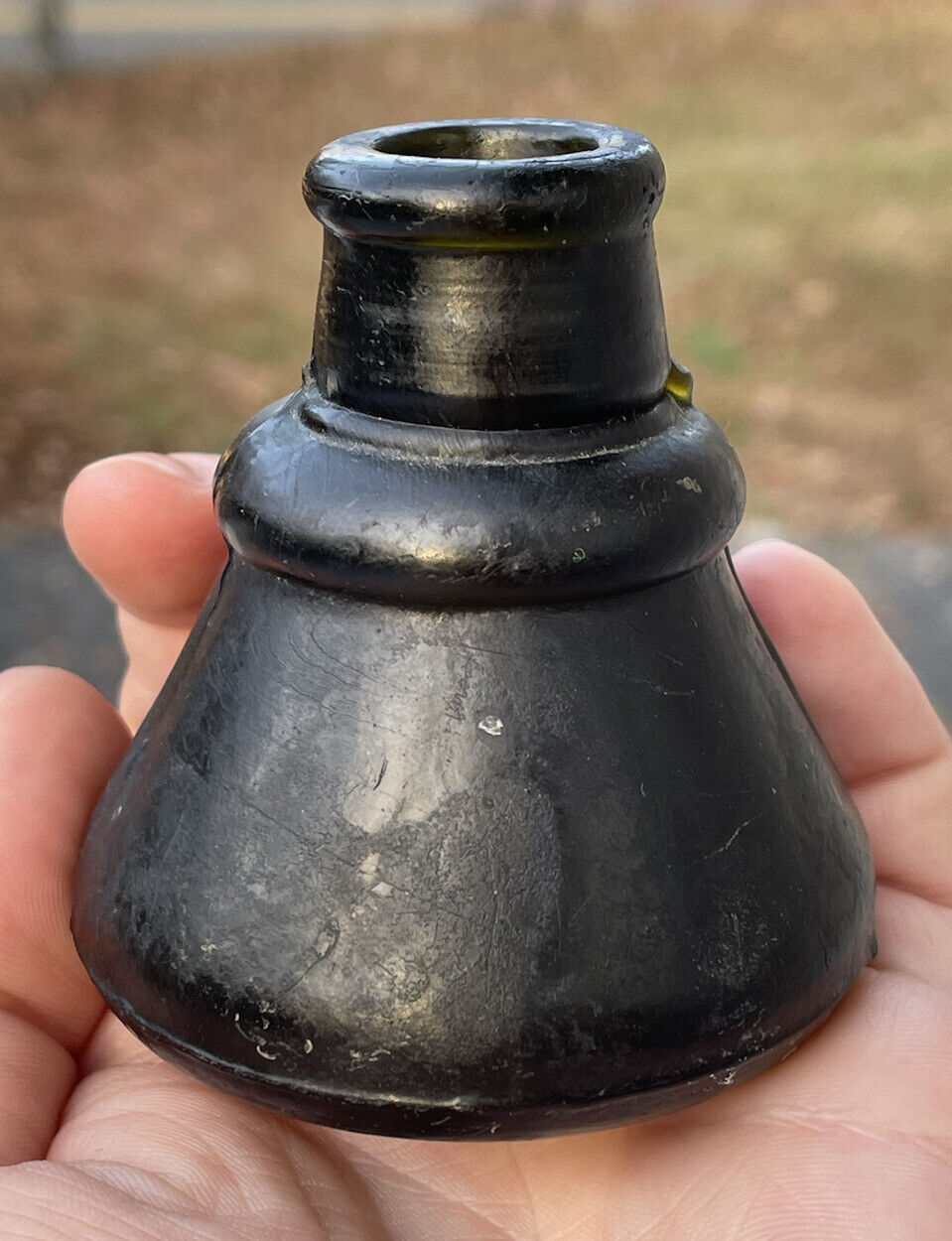 Antique 19th C. Olive Green Glass Cone Bell Inkwell Victorian Desk Ink Well