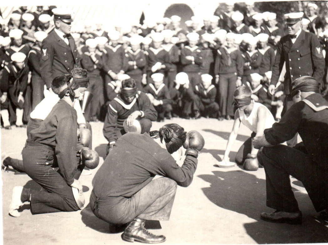 WWI Era Boxing Blindfolded US Navy Ship Sports Real Photo Postcard Rppc