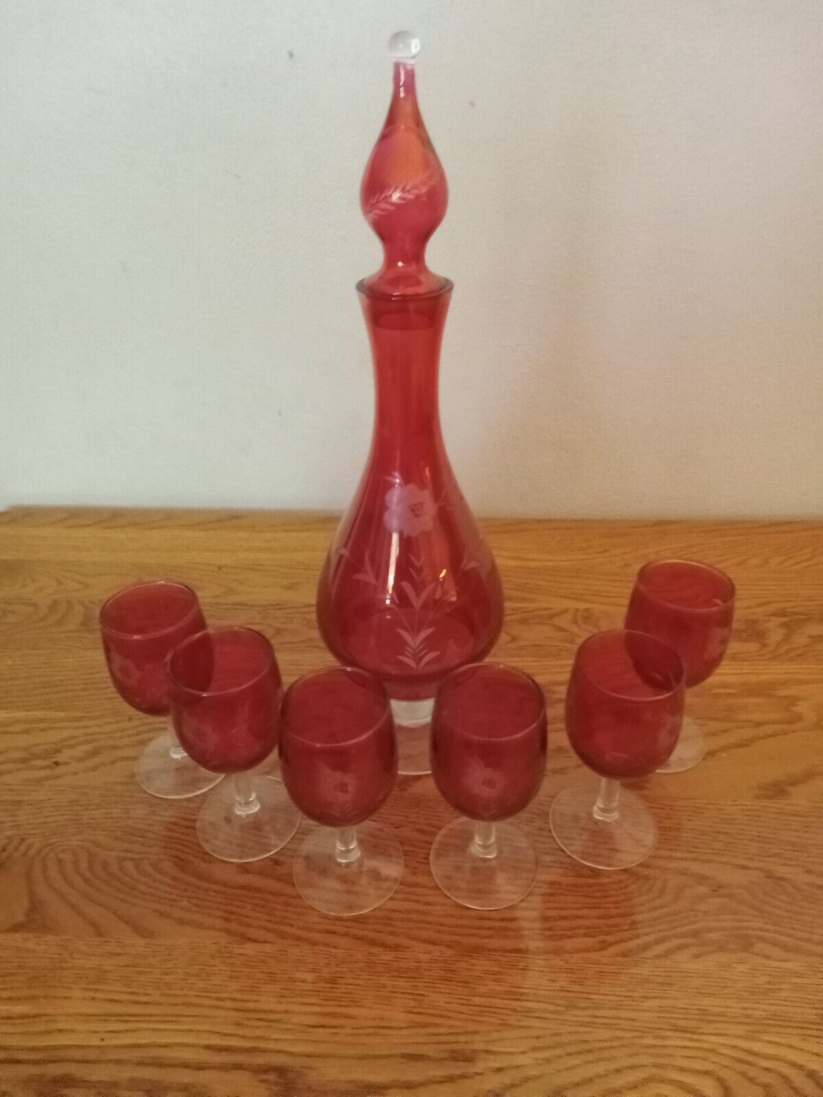 MNT VTG Bohemian Czech Genie Decanter w 6 floral etched Cranberry Glasses