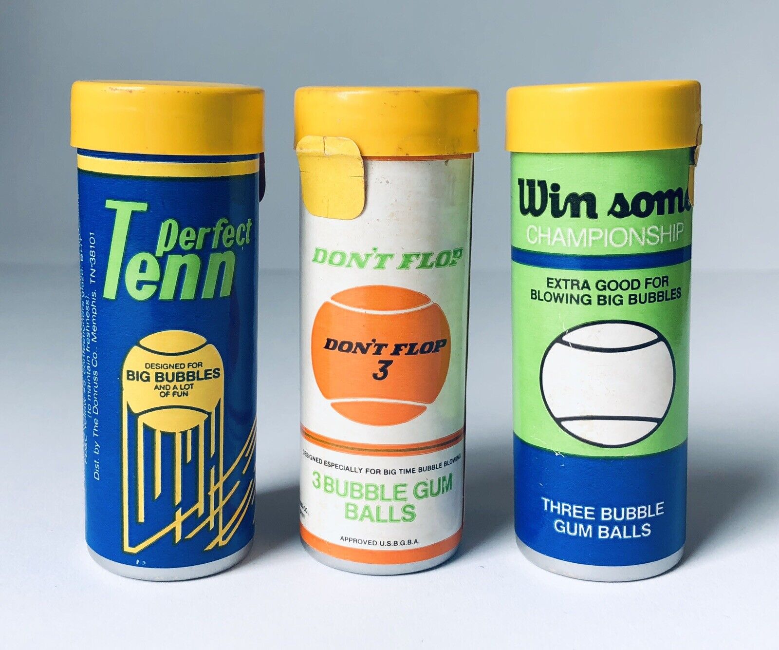 Vintage 1983 Donruss TENNIS BALL Bubble Gum Candy Container COMPLETE SET Of 3