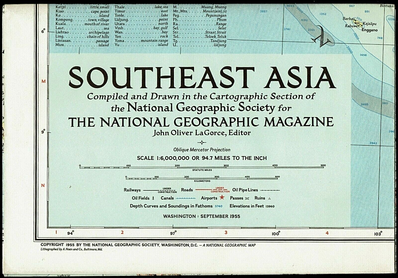 ⫸ 1955-9 September Original Map SE SOUTHEAST ASIA National Geographic - A1