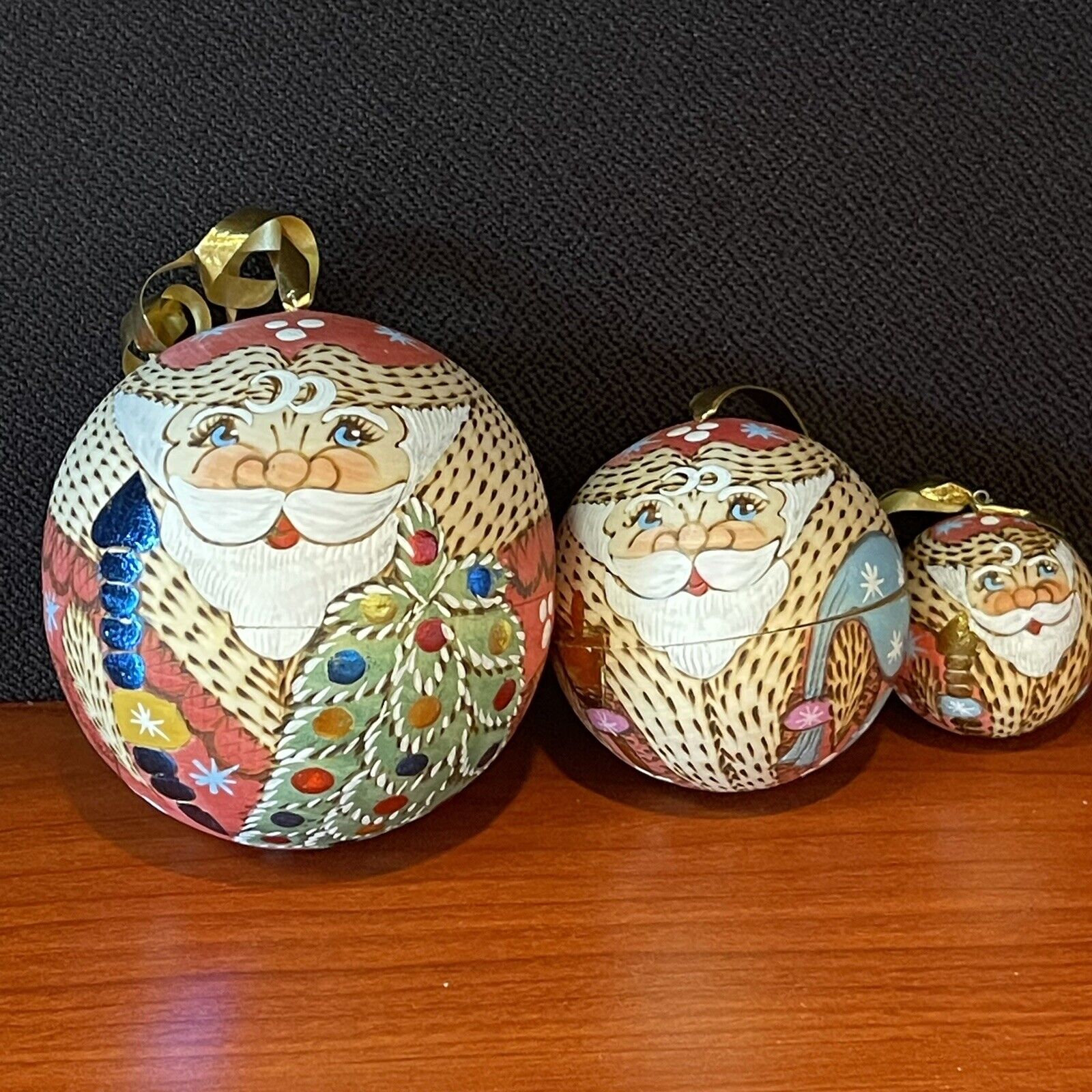Vintage Russian Matryoshka Nesting Santa Wood Ornaments Hand Painted Germany