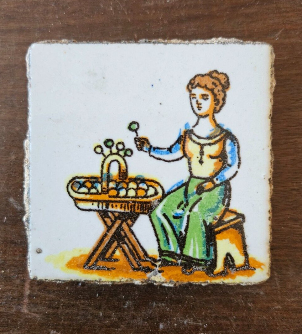FREE SHIPMENT Antique TILE delft Polychome Dutch Woman sells Sweets Basket