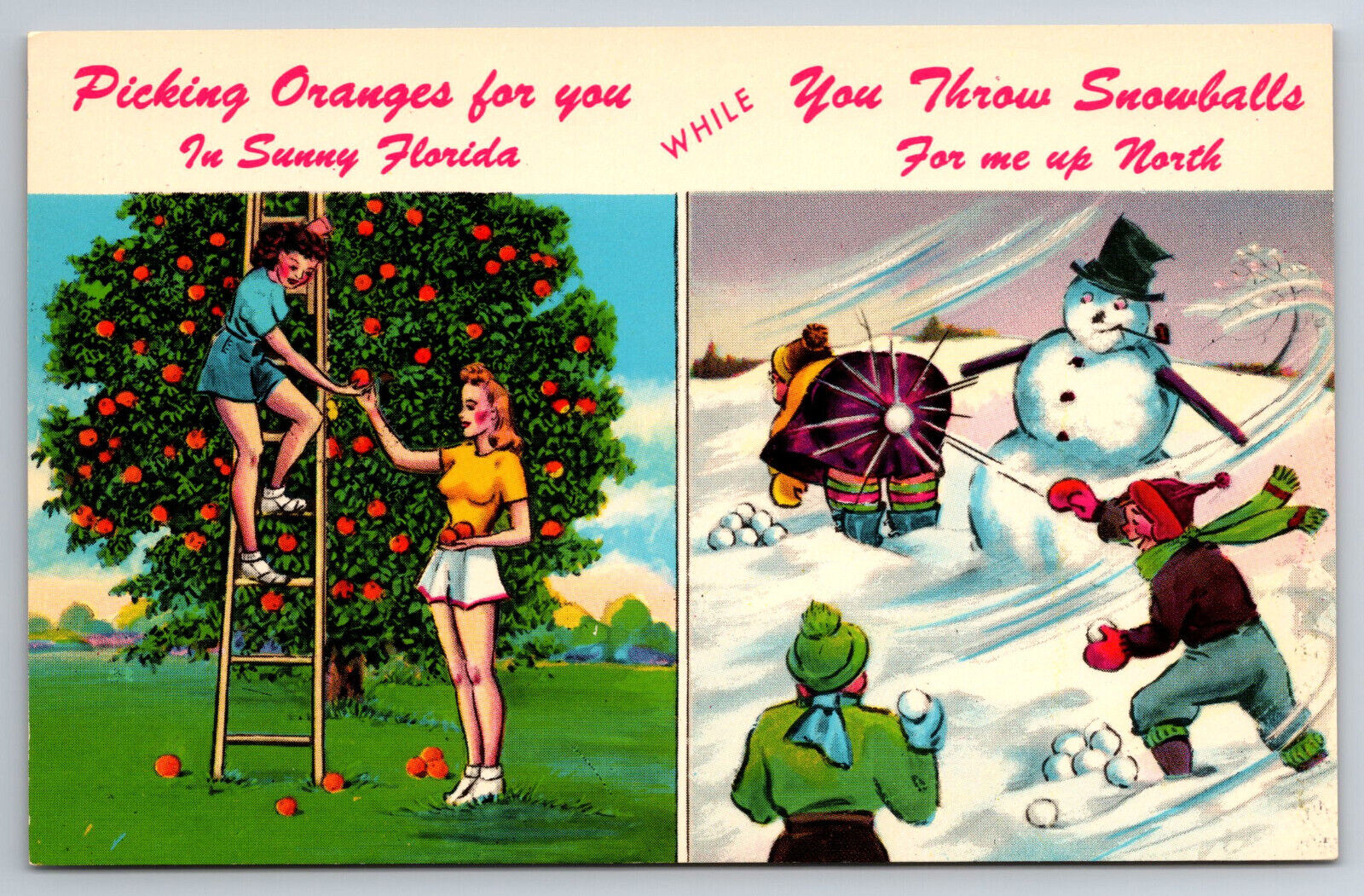 Vintage Postcard FL Humor Funny Orange Trees Snowman Cartoon Pretty Girl -4136
