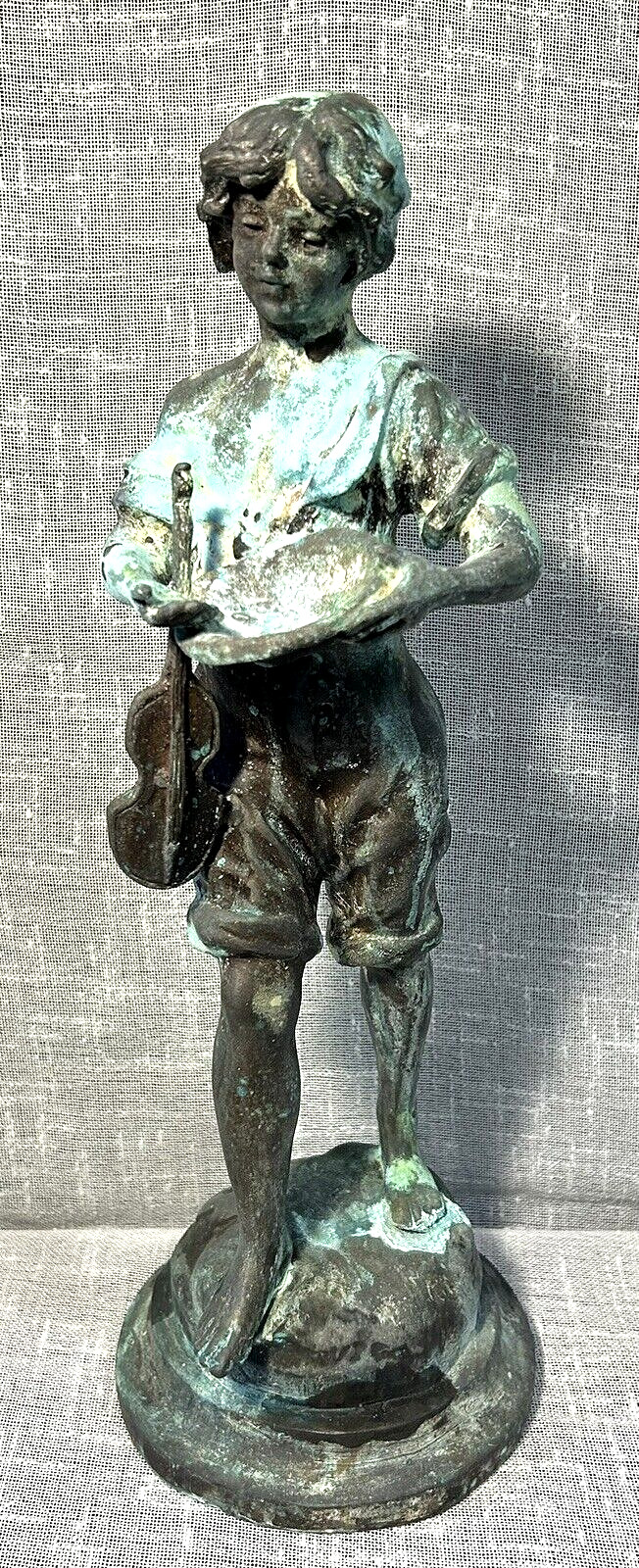 Antique French Art Nouveau Style Metal Spelter? Statue Young Boy with Violin