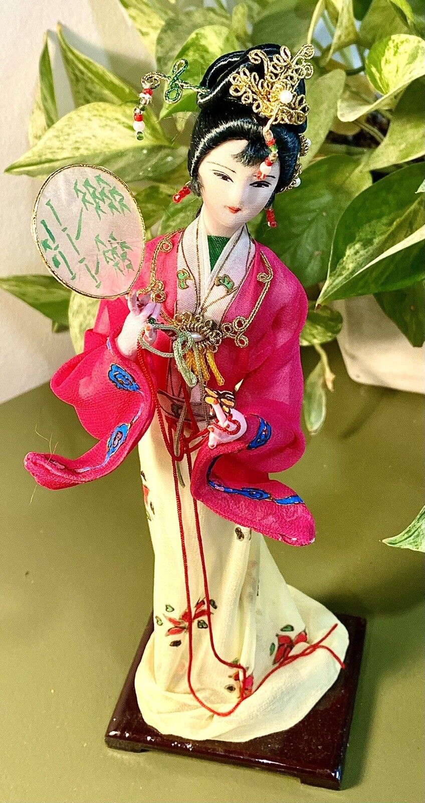 Vintage Detailed Chinese Peking Silk Figurine Doll With Original Box & Stand 10”