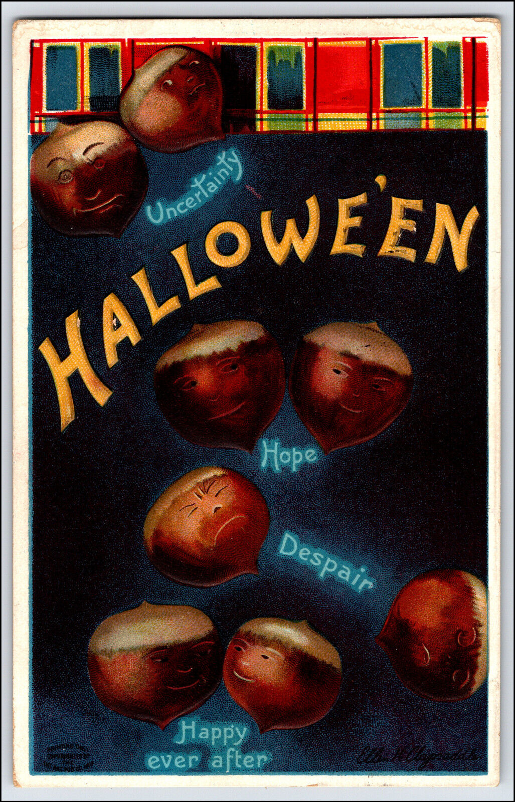 Embossed Ellen Clapsaddle Halloween Postcard Acorn,Faces Fantasy Signed 978