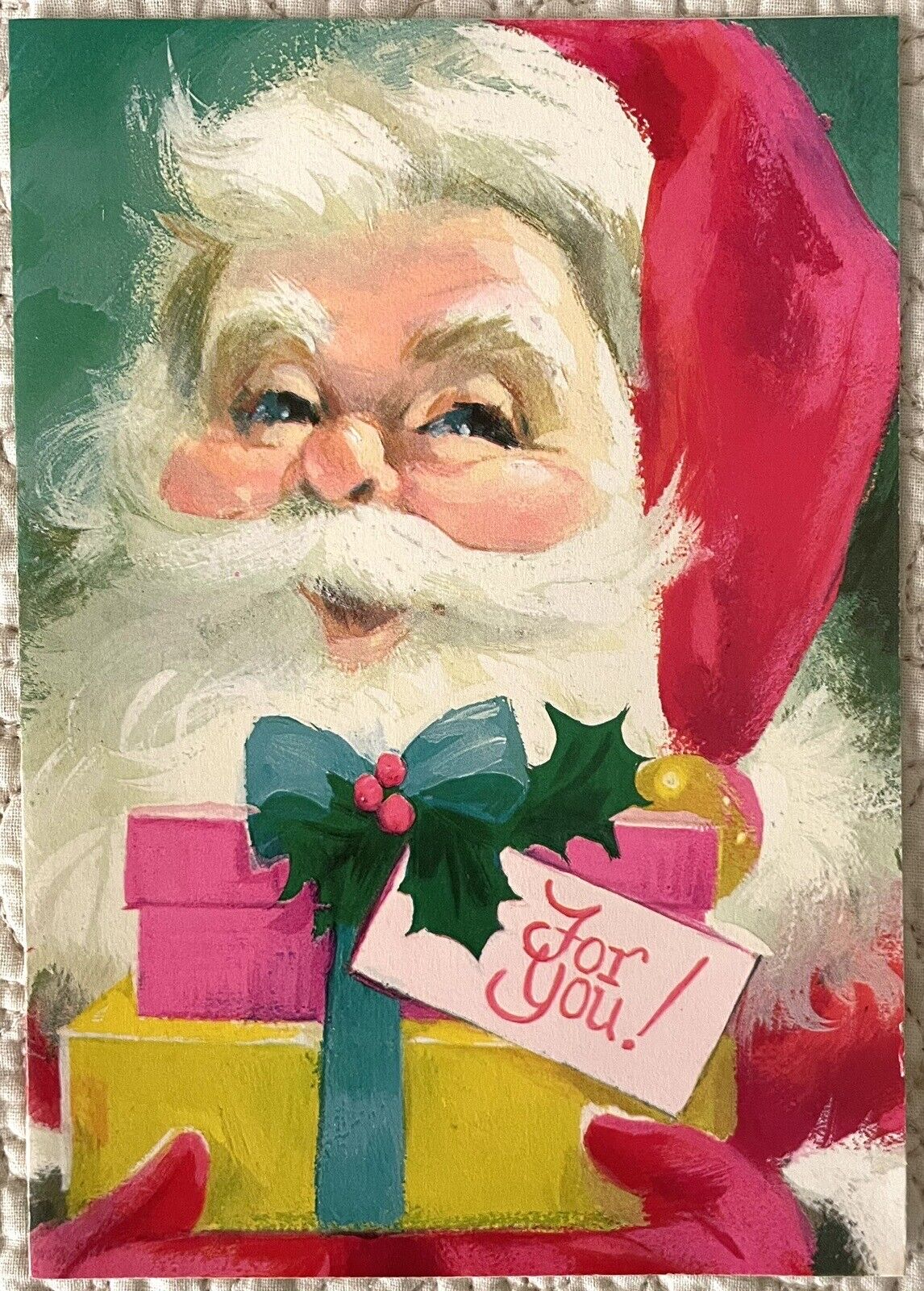 Unused Christmas Santa Bright Pink MCM Retro Vintage Greeting Card 1960s 1970s