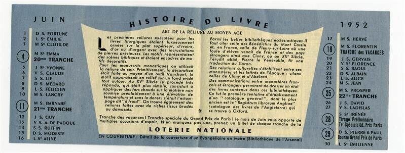 June 1952 French National Lottery Brochure Calendar and Payouts