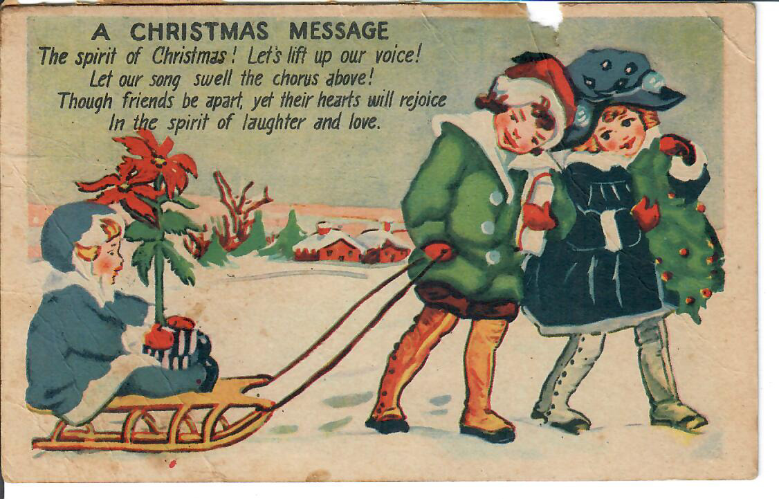 Vintage A Christmas Message Posted Postcard 1950s Girls w/Wreath & Pulling Sled