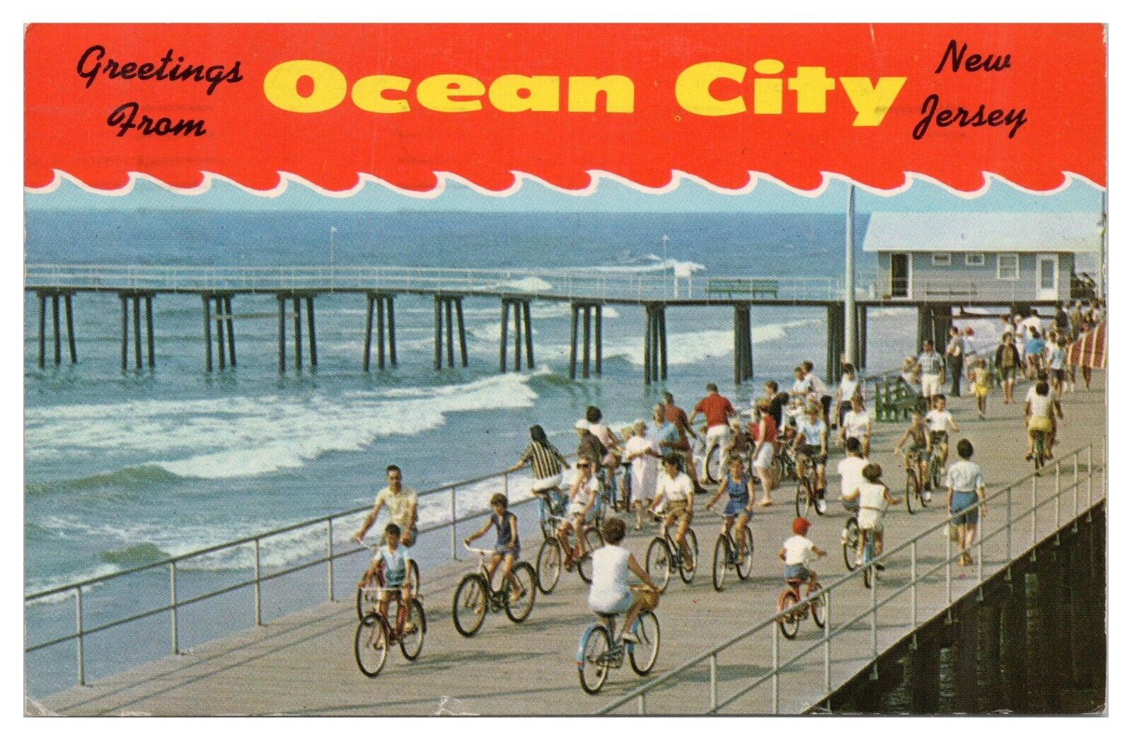 Vintage Ocean City New Jersey Postcard c1967 Bicycling on Boardwalk Chrome