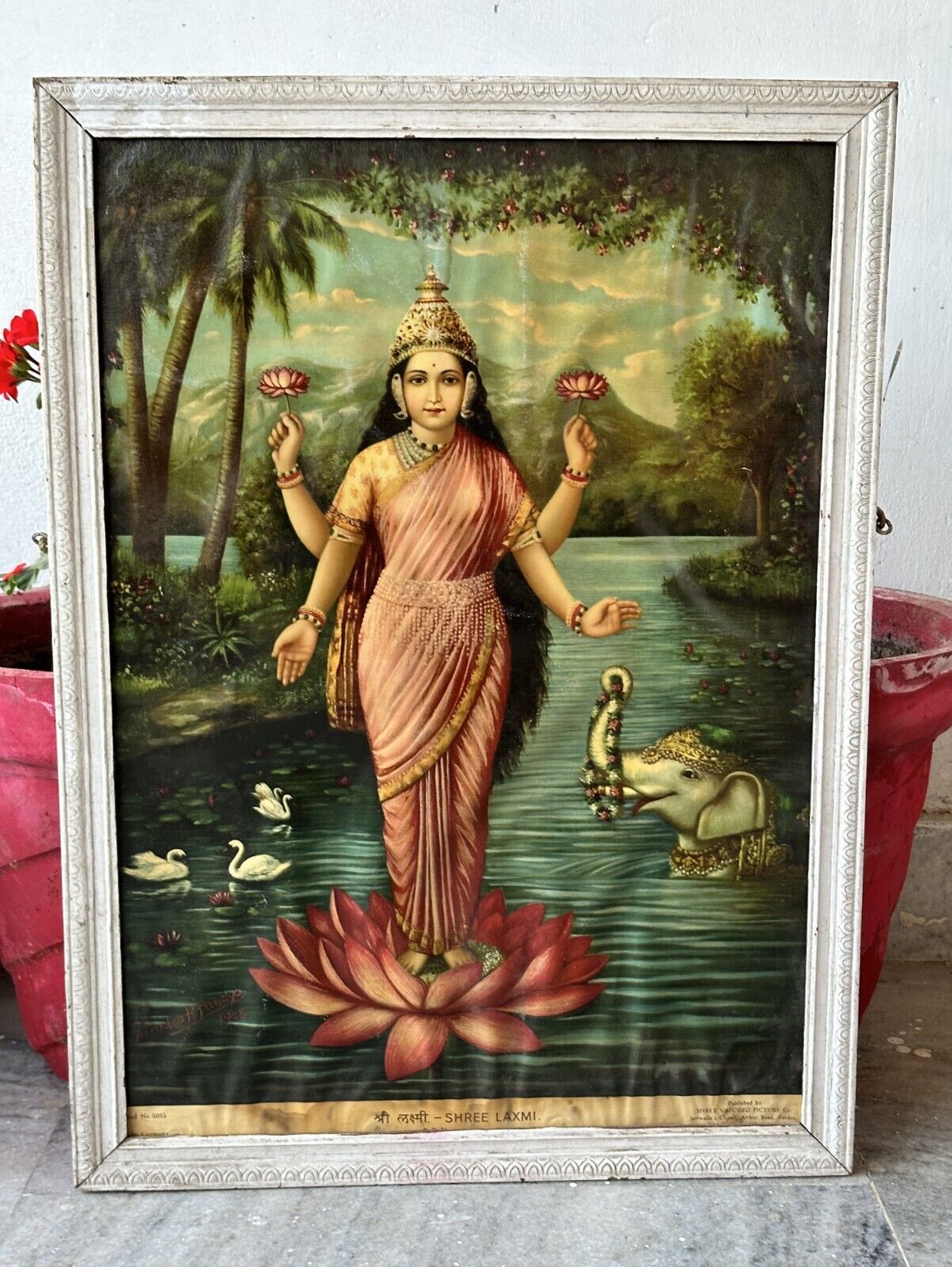 Antique Old Rare Hindu Goddess Shri Laxmi Holy Lithograph Germany Printed Framed
