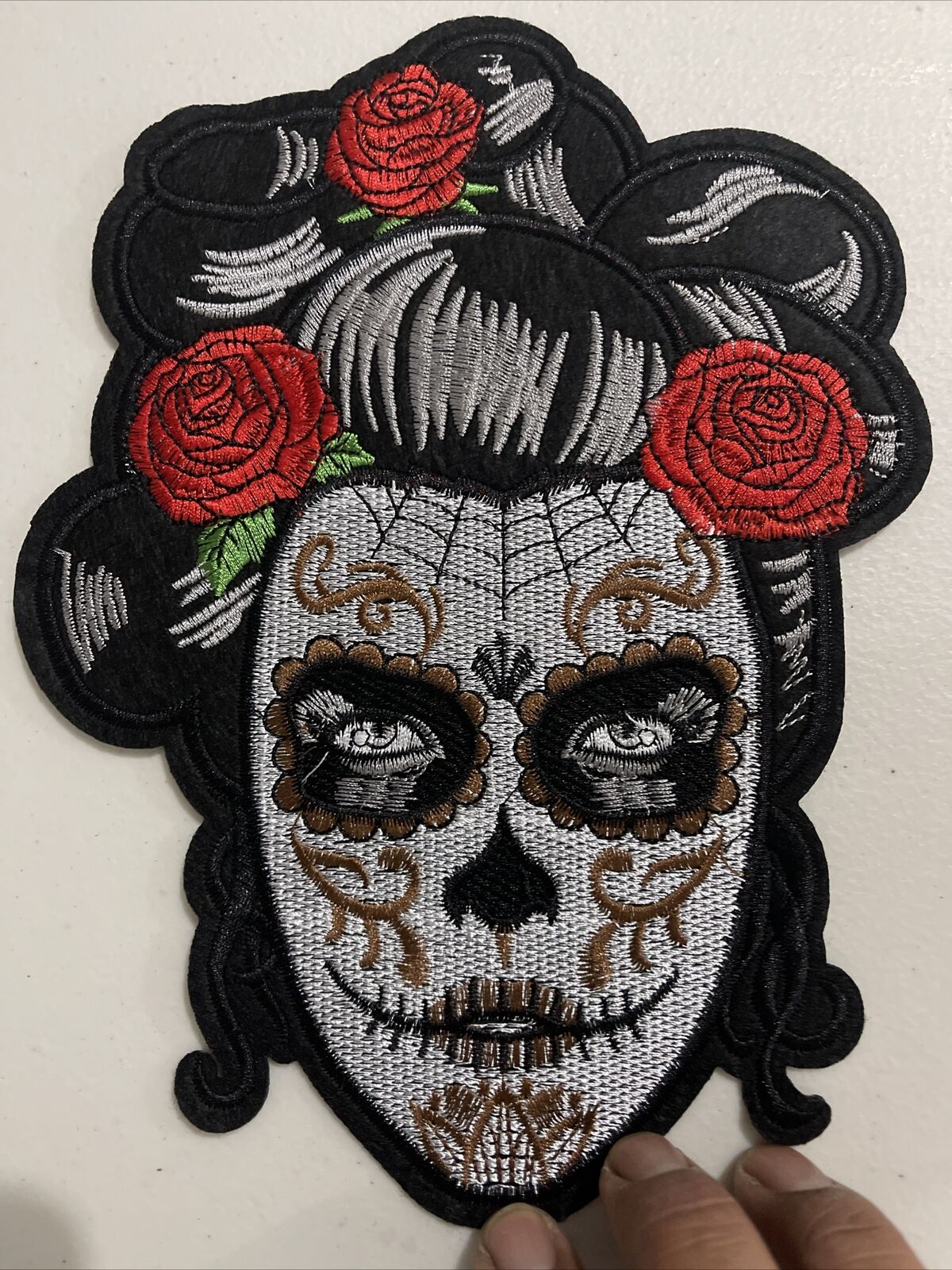 Mexican Tattoo Girl & Roses Large Back Patch: Iron On, Embroidered, 9” X 7”