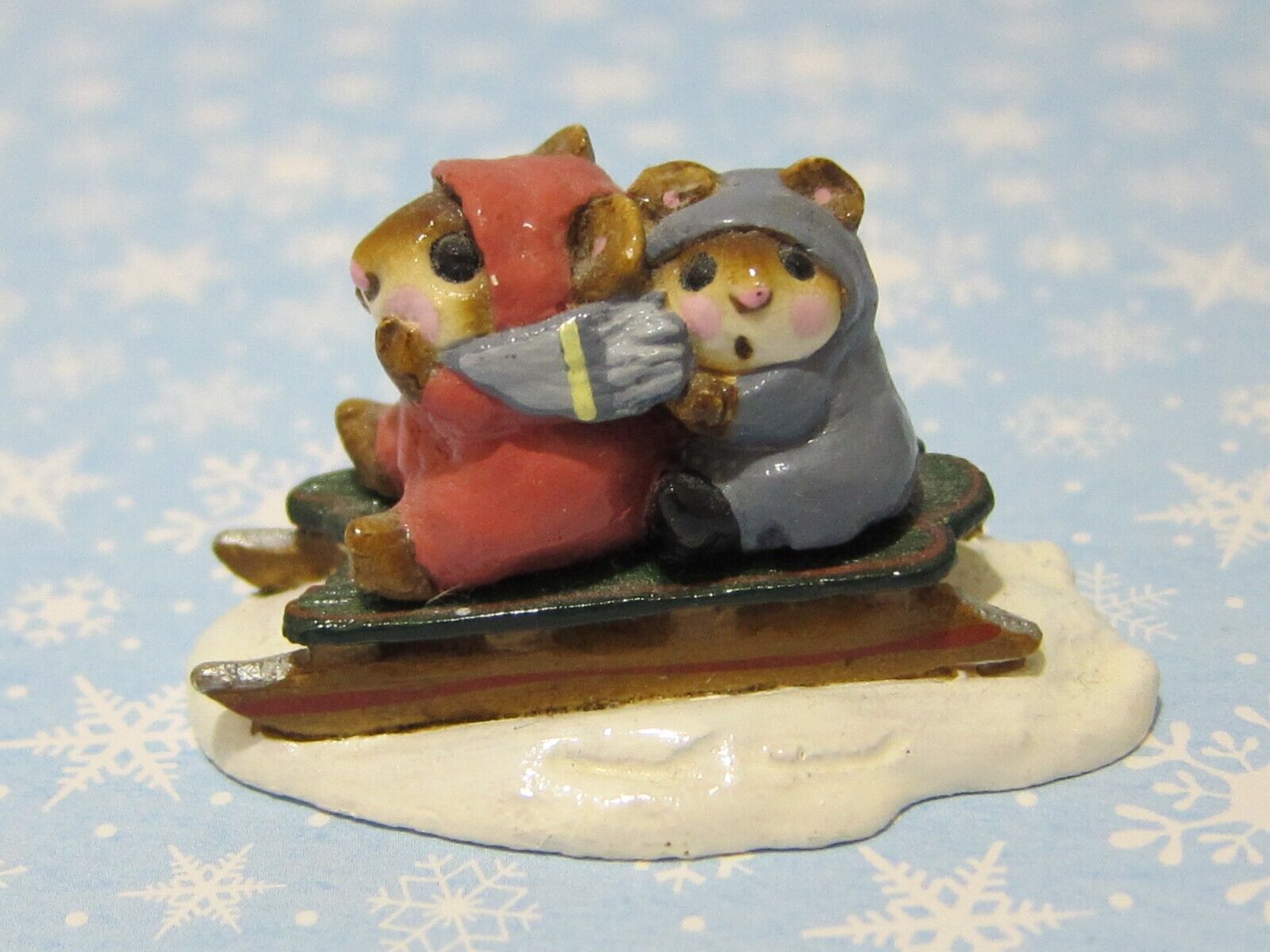 Wee Forest Folk M-85 Little Sledders Mauve and Gray Suits on Green Sled Vintage