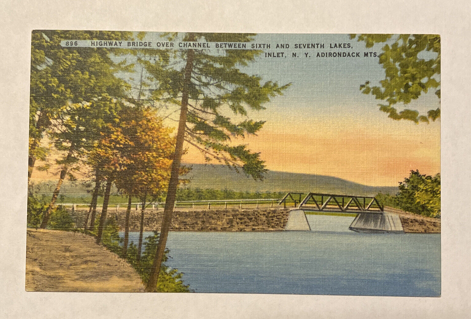Vintage Postcard Highway Bridge Between Sixth & Seventh Lakes, Inlet, NY, Adks