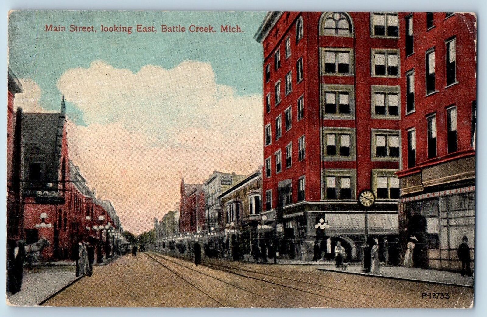 Battle Creek Michigan MI Postcard Main Street Looking East Business Section 1917