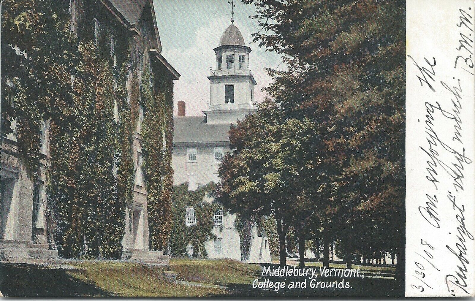 College and Grounds, Middlebury, Vermont, early postcard, used in 1908