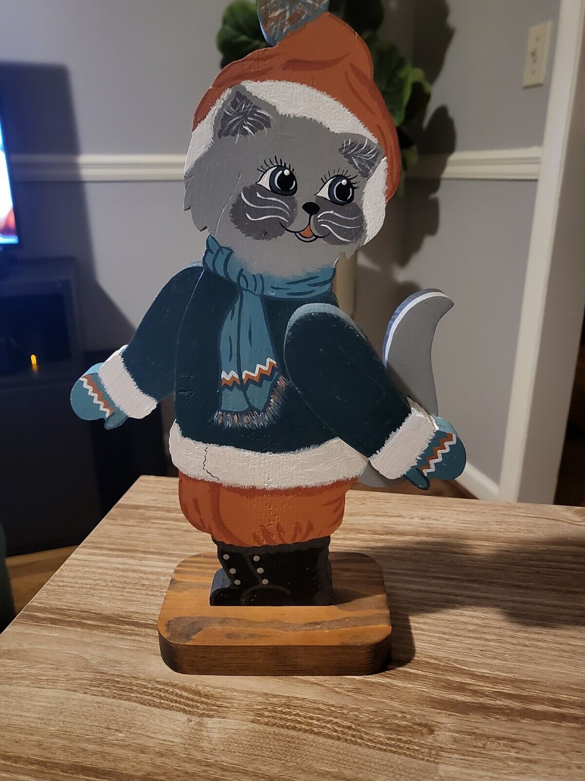 Vintage Hand Painted Winter Cat Wooden Standee