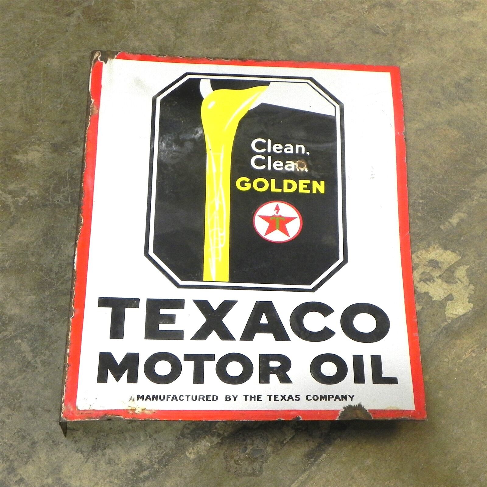 VINTAGE TEXACO MOTOR OIL CLEAN GOLDEN PORCELAIN SIGN DOUBLE SIDED W/FLANGE USED
