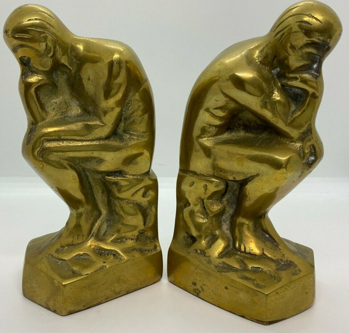 Vintage Brass Bookends Male Pair Modeled After Rodin’s The Thinker Library Books