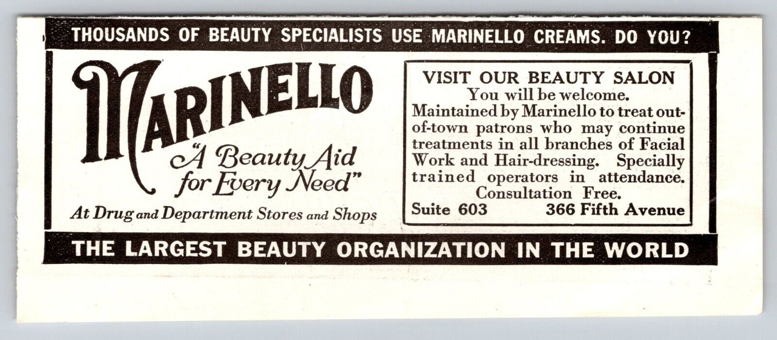 1924 Print Marinello Cream A Beauty Aid for Every Need Visit Our Salon New York