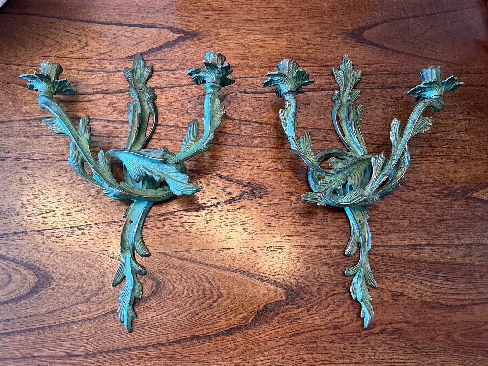 Antique Iron Candleholders Sconces, a Pair, Blue Green Iron, Wall Mounted
