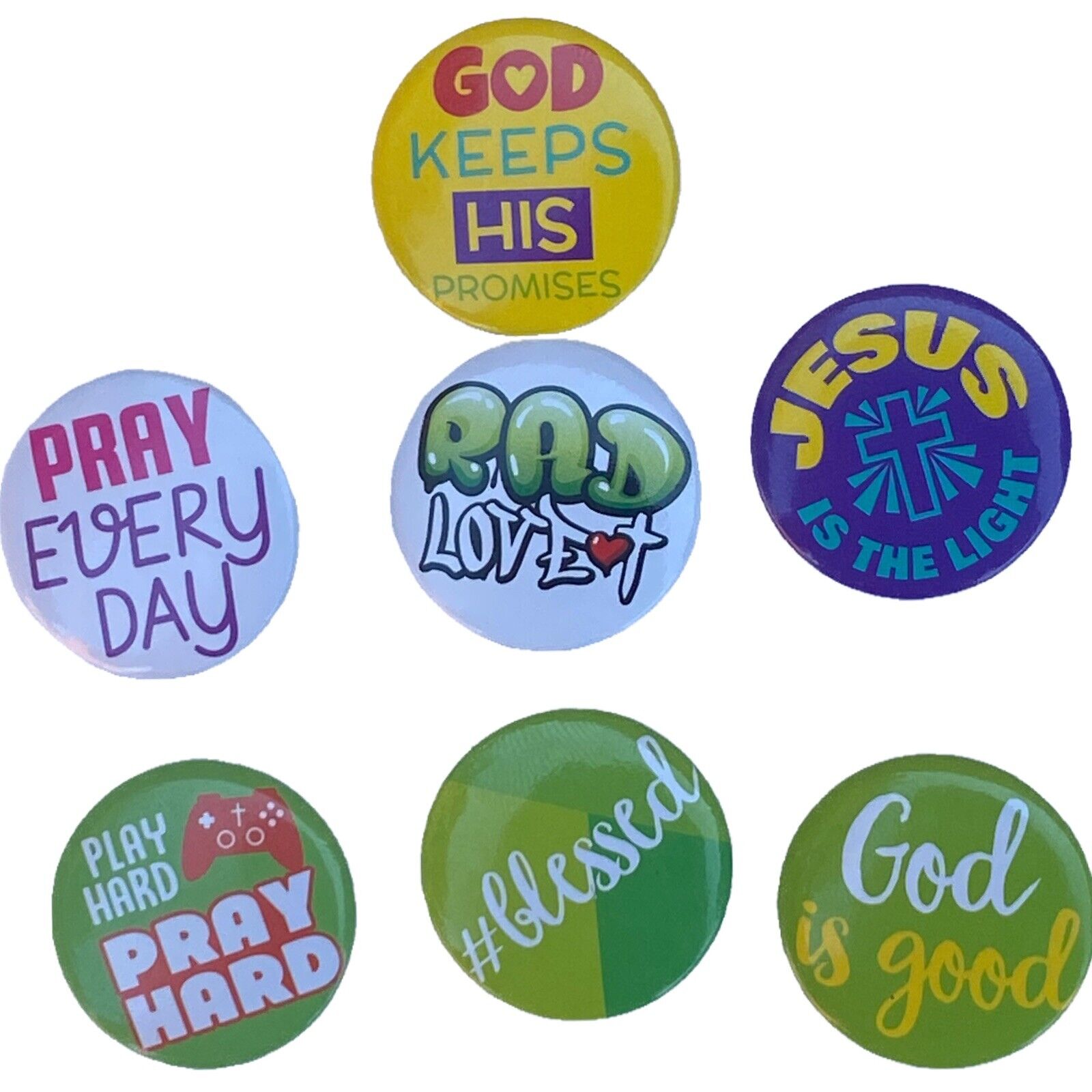 7 Religious Pins Button Pinback, God Is Good , Jesus  Is The Light, Pray