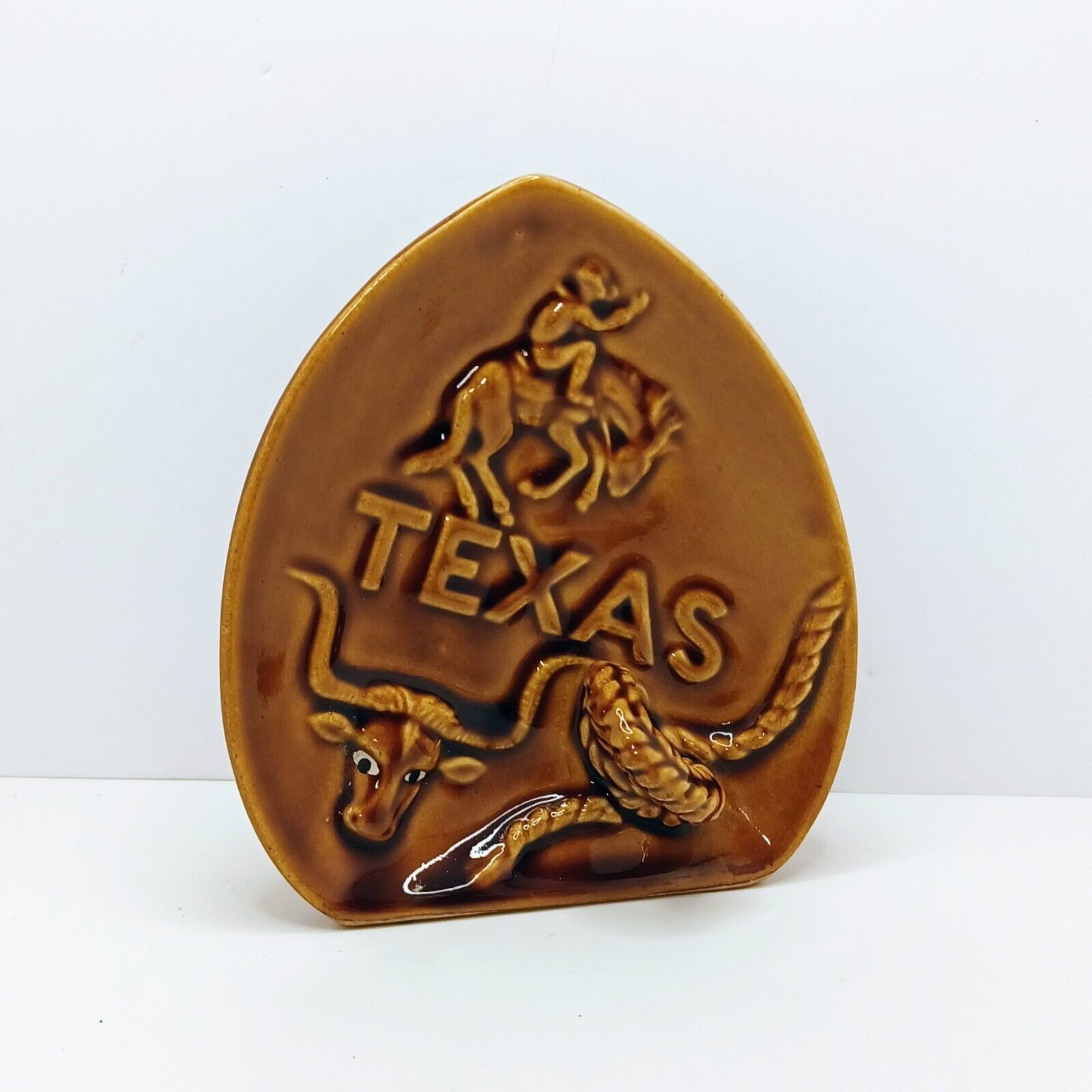 Vintage State of Texas Brown Spoon Rest w/3D Lasso Souvenir Ceramic Novelty EUC