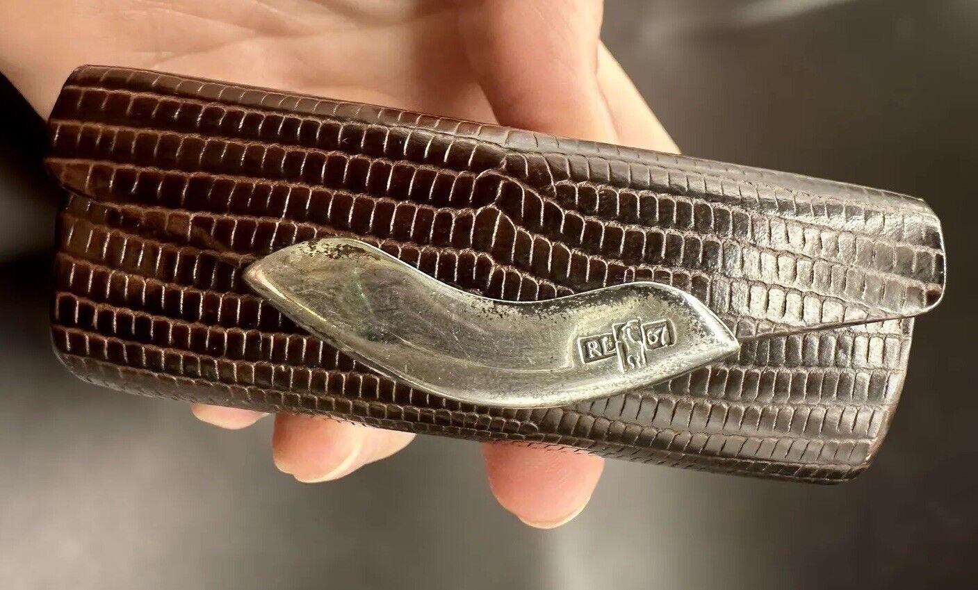 Vtg Ralph Lauren Brown Leather & Sterling Lipstick Case Croc Snake Italy Fiocchi