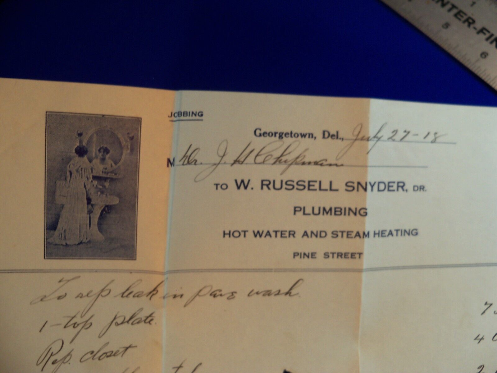 Vtg 1918 GEORGETOWN Delaware W RUSSELL SNYDER Plumbing LETTERHEAD adv Receipt