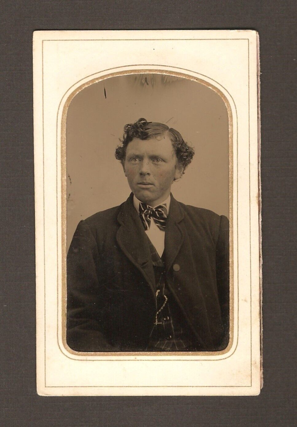 Old Vintage Antique Tintype Photo Young Man w/ Striped Bow Tie in Fine Clothing