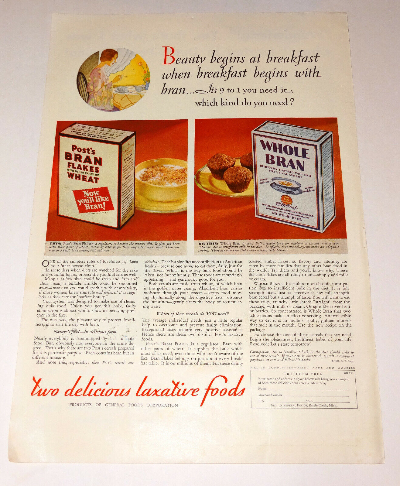 Post Bran Print Ad 1920s Vintage Advertisement Breakfast