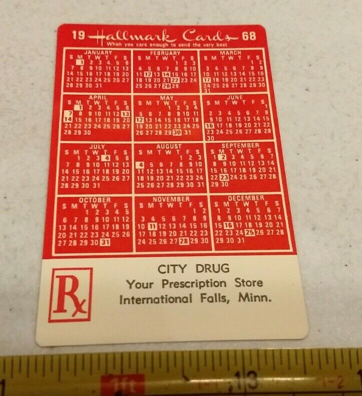Vtg 1968 City Drug International Falls MN Hallmark Advertising Pocket Calendar 