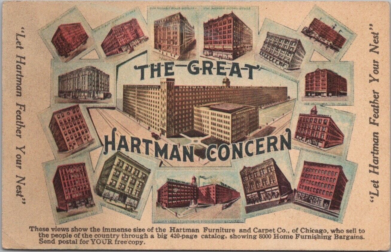 1910s CHICAGO Advertising Postcard HARTMAN Furniture & CARPET CO. Stores View