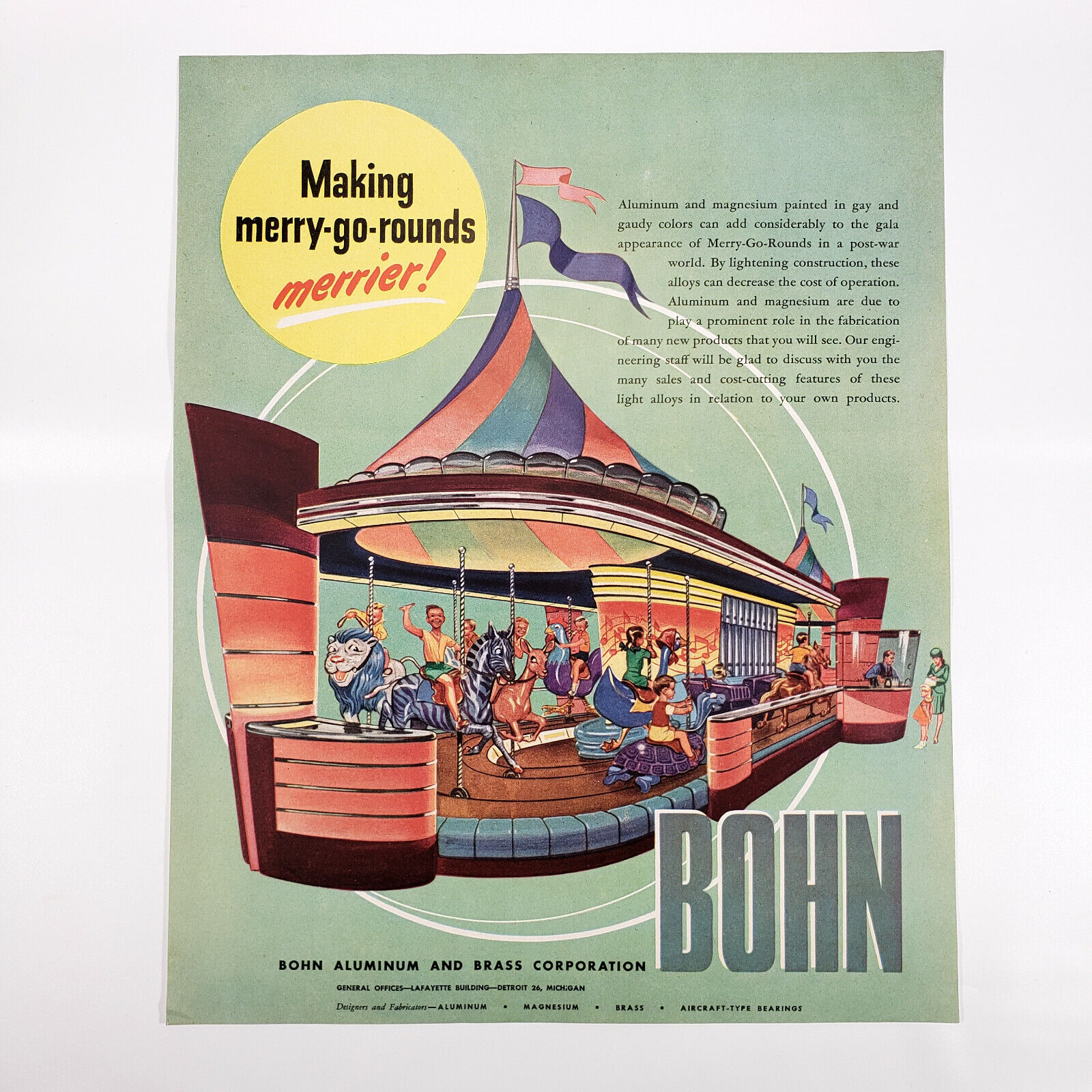 1946 Bohn Aluminum Ad Futuristic Merry Go Round Amusement Park Ride Graphics