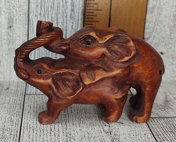 Vintage Wood Carved Mating Elephants Interesting - 2.5\