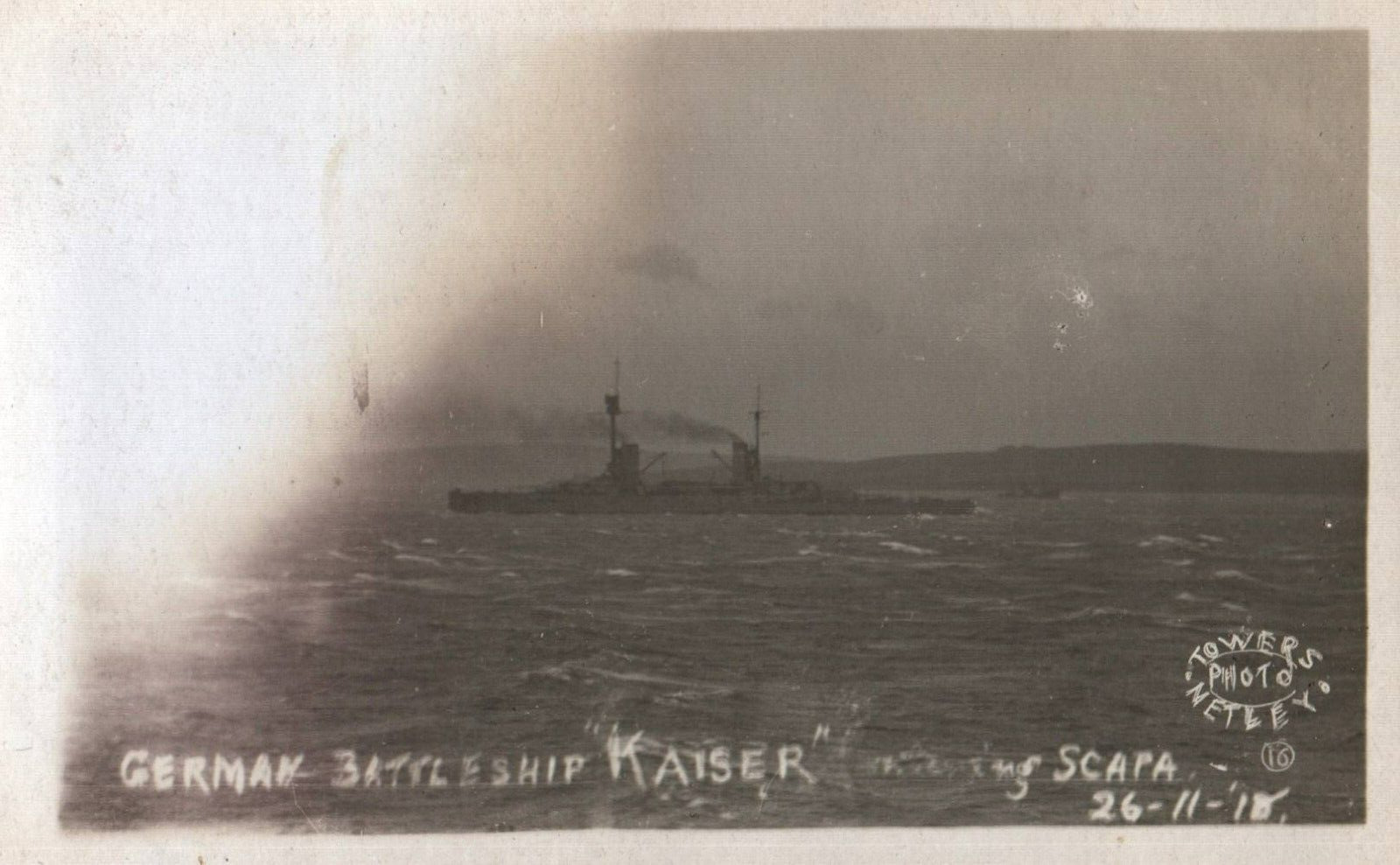 German Navy Cruiser Battleship WWI Postcard c.1910s SMS Kaiser Leaving Scapa