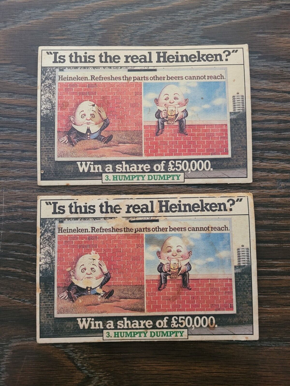  2 Vintage Heineken postcards _ Not written on- Humpty Dumpty Poster Competition