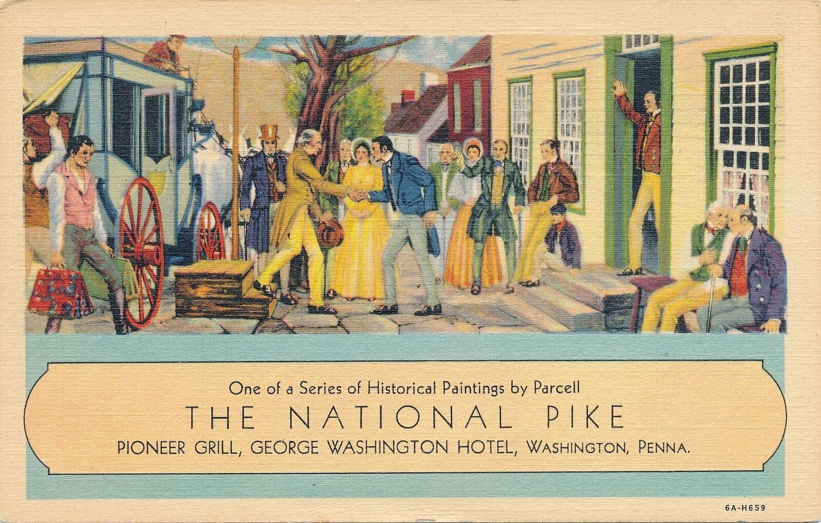 WASHINGTON PA-Pioneer Grill Washington Hotel The National Pike Painting Postcard
