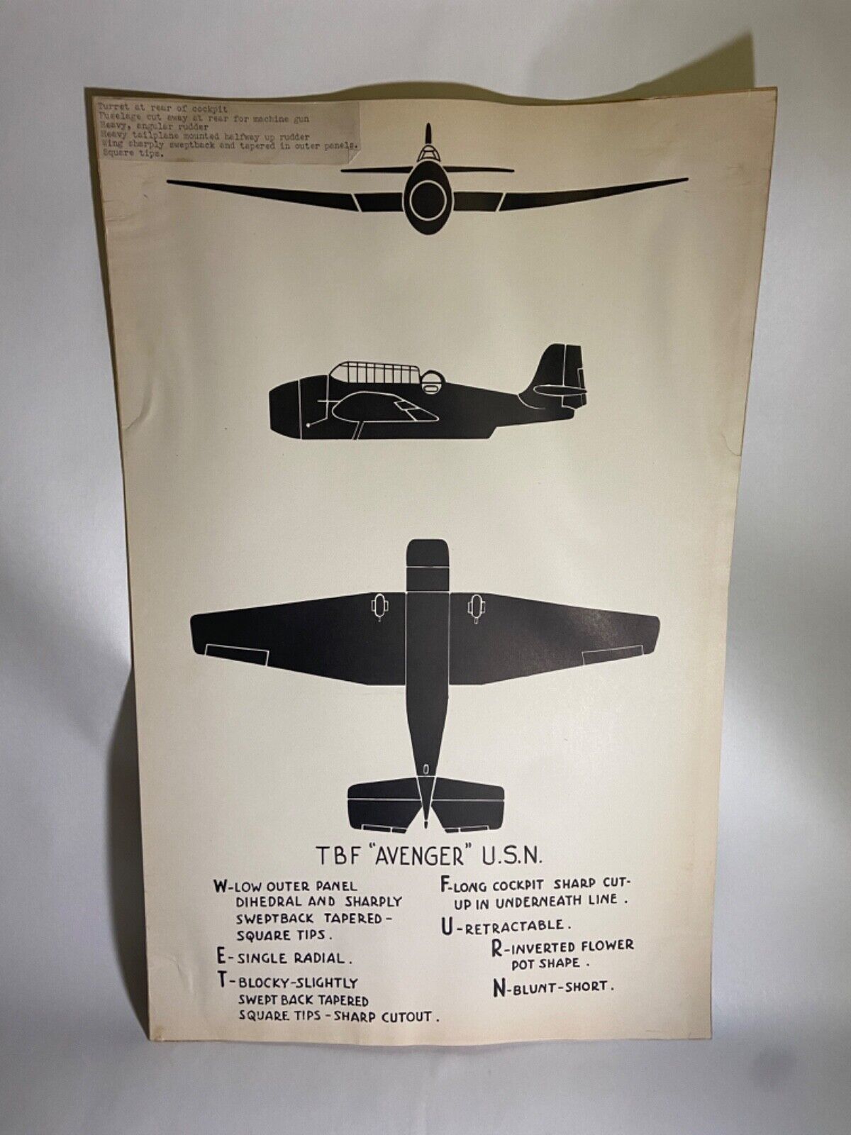 Vintage WWII Grumman TBF Avenger Torpedo Bomber Recognition Poster Training Note