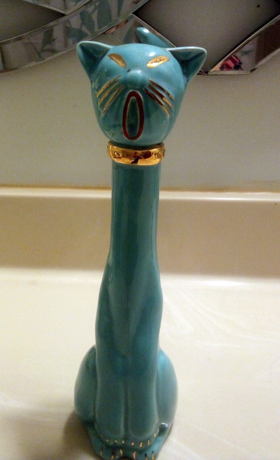 Vintage MCM Unique Turquoise  Long Neck Cat Signed Cathy From Peaches DPB