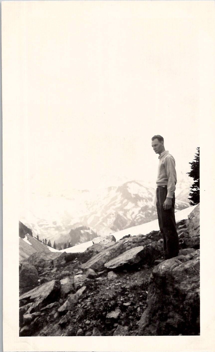 Handsome Man on Mount Baker Washington Kulshan Snapshot 1940s Vintage Photograph