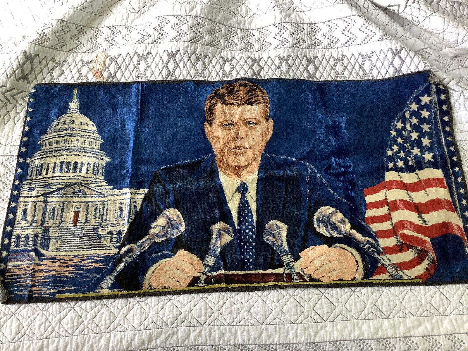 Vintage 1960s JFK John F. Kennedy Midnight Blue Velvet Tapestry 19x38-ITALY