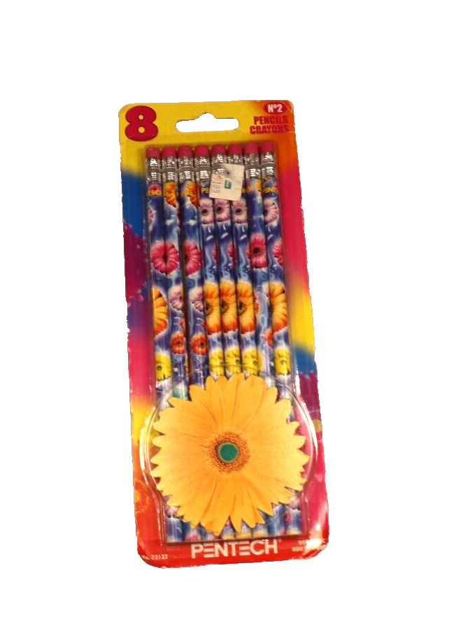Vintage 2000 Pentech Pencils #72123 Sealed New 8 Flower Tie Dye Pencils